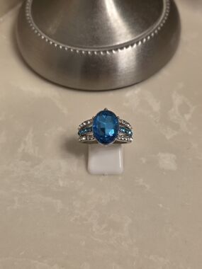 Silver CZ and Aquamarine Ring Size 9